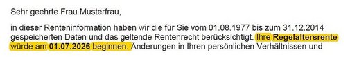 Schreiben der Rentenversicherung: Renteninformation mit Hinweis Regelaltersrente