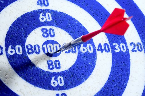 Eine blau-weiße Zielscheibe mit aufgedruckten Zahlenwerten zwischen 20 und 100.